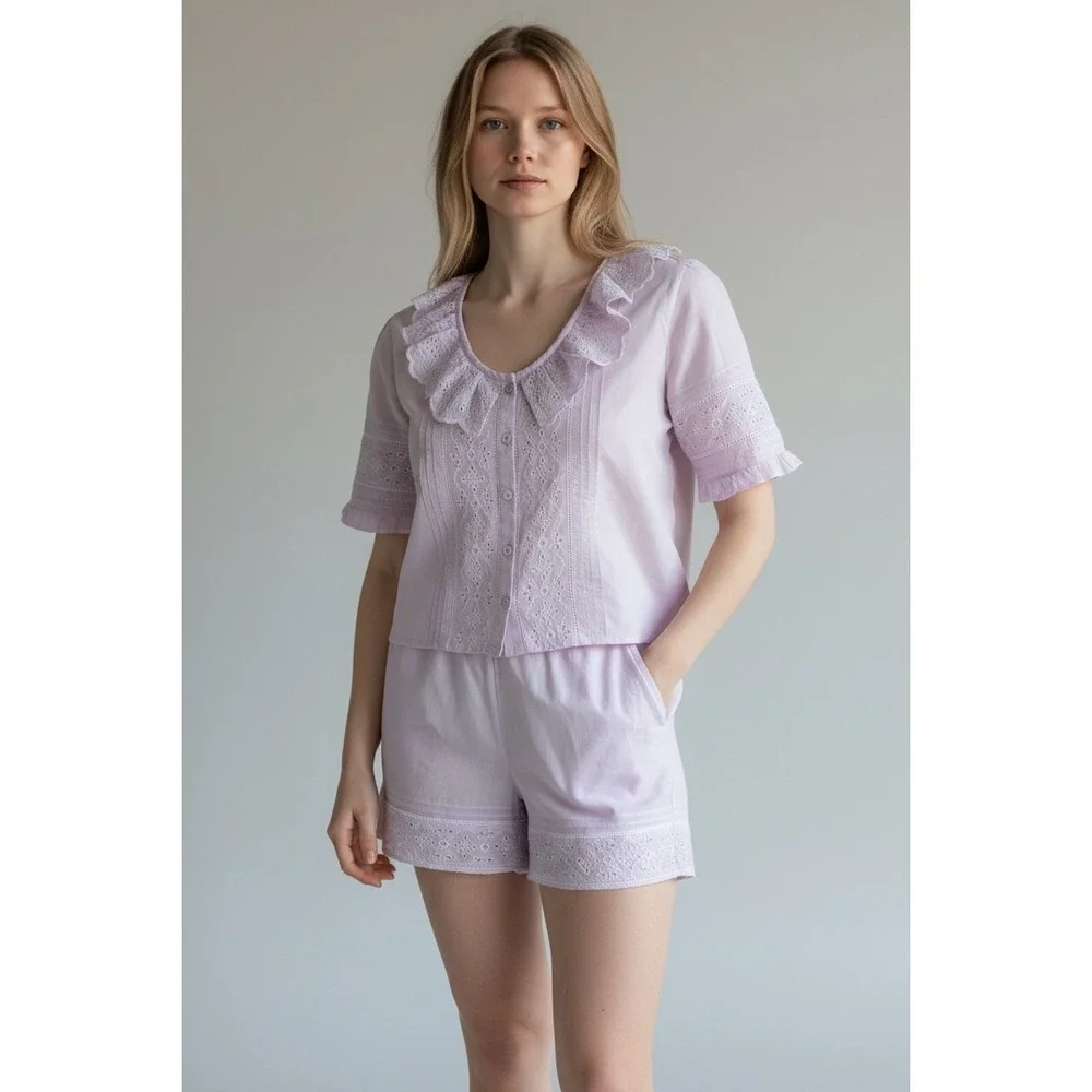 Women's‎ Medium Pink Pajama Set Ruffle Collar Top & Shorts Boho Cottagecore